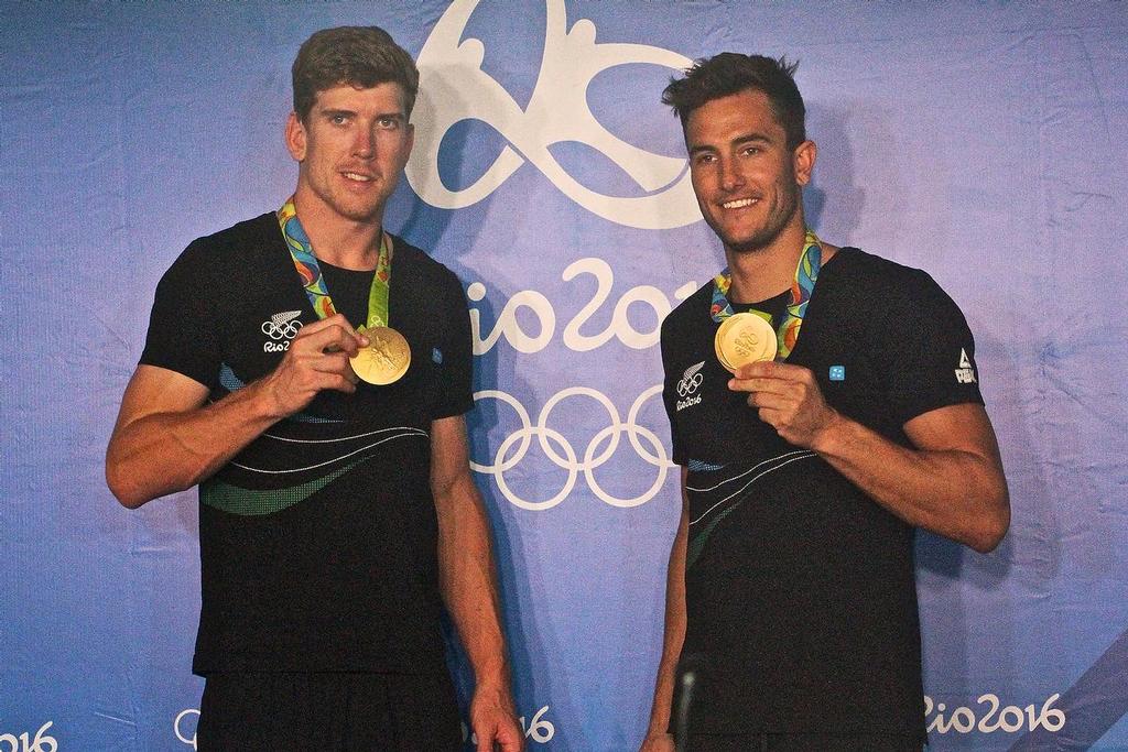 Peter Burling and Blair Tuke with their medals in the Sailing Media Centre at Rio de Janeiro &copy; Richard Gladwell www.photosport.co.nz
